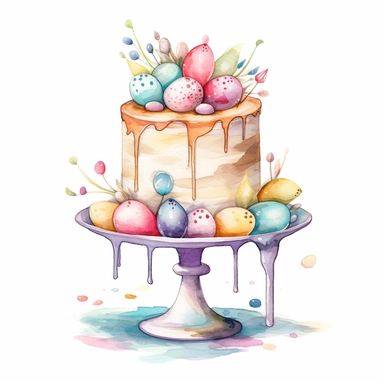 whimsical watercolour clip art against a white background easter themed cake on a cake stand