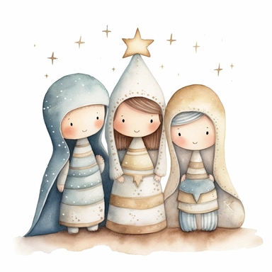 A watercolor painting of a cute nativity with Mary and Joseph, Christmas, cute detailed digital art, inspired by nicoletta ceccoli, by Kubisi art, whimsical and cute, by nicoletta ceccoli, cute detailed artwork, glimmering, adorable and whimsical, whimsical art, Clipart style, png style, svg style, blank white background, a solid white background
