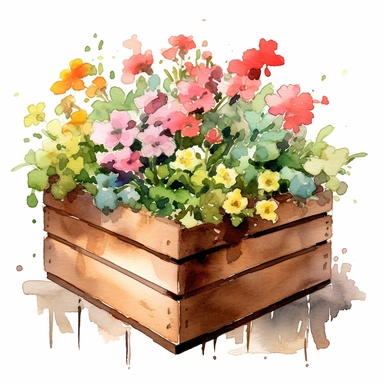 clipart, a watercolor painting of a wooden flower box filled with beautiful flowers and plants, in the style of yanjun cheng, colorful animations, rough clusters, clean and simple designs, leica cl, warm color palettes, colorful washes, white background--ar 34:33