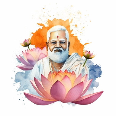 a clipart of a ultra detailed watercolor Hinduism Guru leader in India with the Lotus Flower Hinduism symbol watercolor as background, v4 ar 2:3