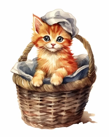 detailed watercolor Kitten in basket with cap , realistic, isolated on a white background, clipart