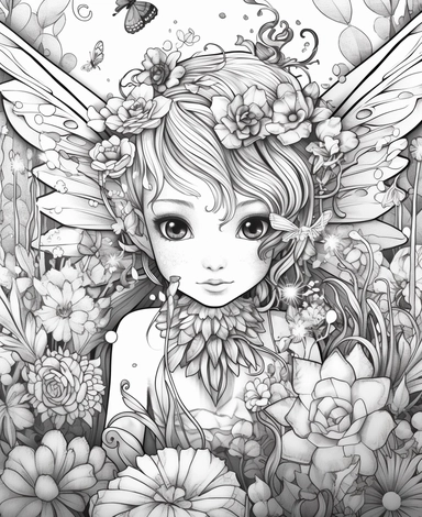 bi-racial crystal Fairy, with wings, in a meadow of shimmering crystals and beautiful flowers, Kawaii for a childrens book, cartoon style, thick lines, black and white, no shading, line drawing illustration, no kid faces, no duplicate faces, blurry, drawing, cartoon, illustration, painting, concept art, cgi, unreal, anime, black&white, b&w, picture frame, deformed, bad anatomy, disfigured, poorly drawn face, mutation, mutated, extra limb, poorly drawn hands, done by bad-artist, ugly, dazed, 3D r