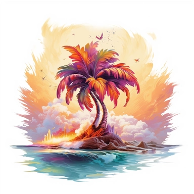 artwork majestic palm tree in digital painting style, beautiful flowers, sunrise mountains and clouds, big sea waves, water splashes, white background, colorful fantasy flower surround, highly detailed clean, vector image, photorealistic masterpiece, professional photography, realistic, flat white background, isometric, vibrant vector, clipart, illustration, realism, 4k, cinematic, front view, white background, tropical, tropical flowers, flora , beach, tropical scene,