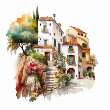 beautiful watercolor clipart of white houses on a cobbled street in a French hillside village near the Mediterranean sea, warm summer hues, compositions on an isolated white background. Bright landscapes illustrations, highly detailed