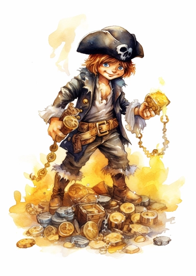 cute watercolor underwater pirate digging for a treasure clipart, full body, hd, on white background, spaced out