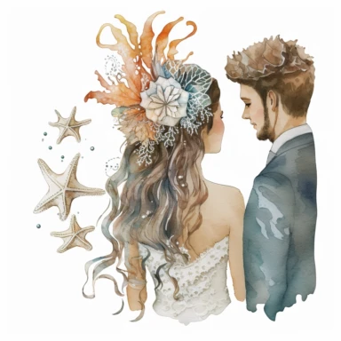 Boho nautical style, wedding bride and groom, back view, seastar, seashell, fantasy, white background, watercolor, hyperrealism, high detail, separate elements, set, clipart