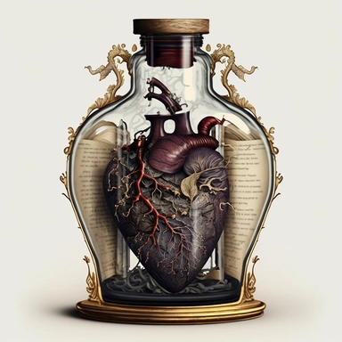 highly detailed and intricate watercolor of anatomically correct human heart. It is suspended in a glass jar that's softly illuminated from below, casting long, intriguing shadows. In moody, dimly lit room filled with antique books and parchment, Victorian-era study. A drop of ink falls from an old-fashioned quill onto the heart. Clipart, white background