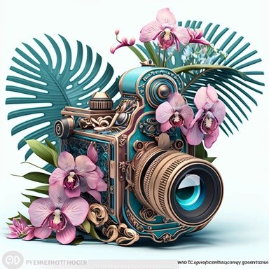 clipart of an antique 1 long lens only professional photo camera, surrounded by an intricate arrangement of dramatic extravagant digital 3D pink orchids, blue duck palm leaves, in the style of large-scale photography, lush detailing, cartoon style, playfully intricate, made of flowers, bloomcore, tropical island ambiant, 8K, clipart, clear background