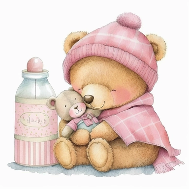 an ultra Cute little newborn baby teddy bear wearing pink traditional classic striped pyjamas and bedtime hat with a pink baby bottle of milk and a pink pacifier sitting on a pink fluffy rug, watercolour, cute,, bedtime, sleepy, dreamy, isolated on white background, nursery Clipart, Clipart
