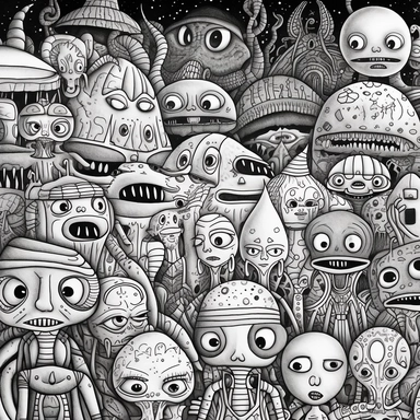 black and white coloring page for adults, a lot of aliens , in the style of ominous vibe, monochromatic white figures, fine lines, creative commons attribution, wallpaper, childs drawing, animated exuberance, no shading, clipart