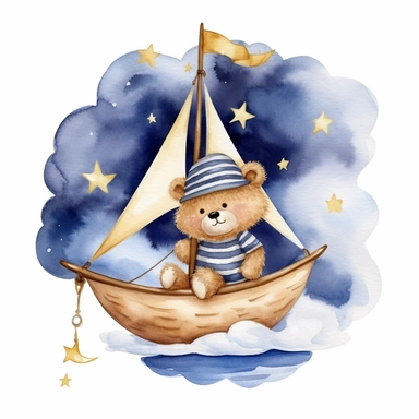 night sky clouds and a swarm of golden stars. a cute plushie sailor bear in a striped blue and white shirt and a sailor hat, in a wooden sailboat with a white sail, sailing on fluffy clouds not sea. dreamy. prominent visible brush strokes, watercolour texture, watercolor clipart png on white background