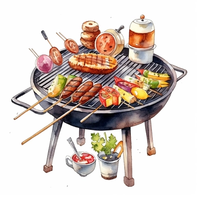 Watercolor BBQ Clipart - Barbeque grill kebab clipart , Watercolor Clipart , original hand drawing, style of the artwork, mood of the artwork, white background, 8K quality, ultra detailed , clipart, white background, High Quality, ultra detailed
