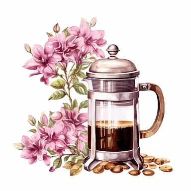 french machine cafe filter for coffee, cup of coffee, flower digital clipart on white background