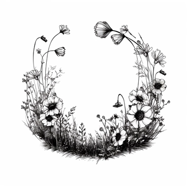 various wildflowers. modern, minimalistic wildflowers connected to a stem, in the shape of one giant wreath with a huge opening in the middle, black and white, in the style of a high-quality hand-drawn, on a clean white background, wedding clipart