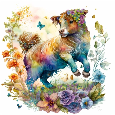 A whimsical watercolor masterpiece: an enchanting highland calf tiptoeing through a magical garden of swirling colors and blossoming flowers. With each step, the vibrant hues come alive, painting a vivid tapestry of wonder and delight. This captivating clipart radiates a sense of curiosity and imagination, inviting viewers to join in its whimsical dance. HD quality. Resolution: