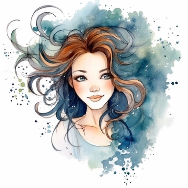 watercolour clipart of a woman, with crazy brown hair, blue-gray eyes, the sweet and scatterbrained dreamer, with a great sense of humor. She immerses herself in the world of digital design, creating exquisite papers for scrapbook albums. Though she may often forget things, her delicate touch and gentle nature shine through her artistry, make her smiling, exalted mood, white background, 8k, f1