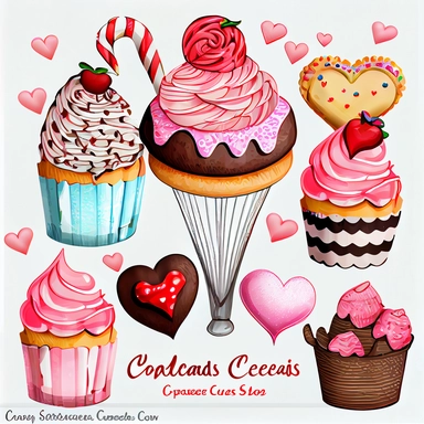 valentines day treats, cupcakes, chocolate candy, ice cream soda, cakes and cookies clipart set, hand-drawn,