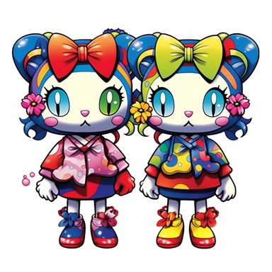 two Takashi Murakami style cats holding hands wearing cute dresses with big cartoon shoes, with bows in the hair , clip art, Japanese