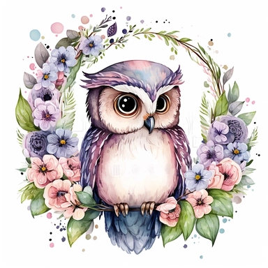 watercolor cute cartoon fantasy owl defined edges Floral Clipart pastel color white background