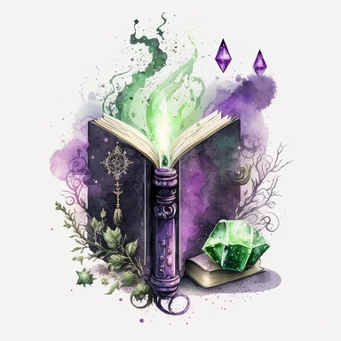 a beautifull gothic witch books with watercolour effect,mystic witch book,mystic candlestick,shiny natural diamond,twinkles,suitable for digital clipart ,purple color,green color, white background