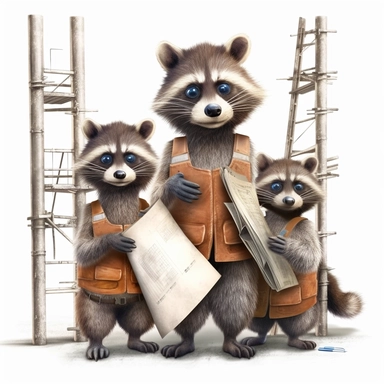 a raccoon holding a blueprint, 6 racoons construction a building , clipart by Sarah Anderson, pure white background