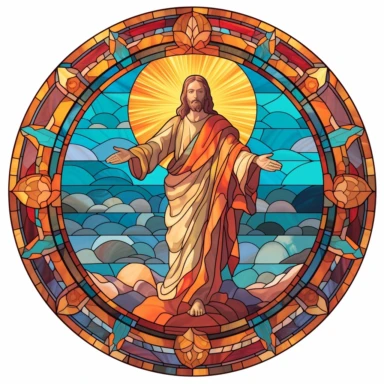 an inspirational stain glass frame featuring Jesus’ transfiguration, in the style of energy-filled illustrations, pencil art illustrations, samikshavad, historical illustrations, tondo, scientific illustrations, clipart, circular shape,