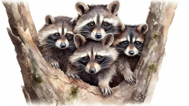 Curious Raccoons: A family of raccoons peeking out from behind a tree, with one raccoon looking directly at the viewer - cute and adorable watercolor illustration with photorealistic high details clipart, white background