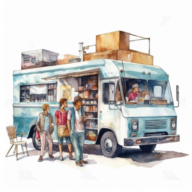An illustration of a food truck with various food items and a line of customers, watercolor illustration with photorealistic high details clipart, white background
