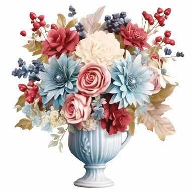 pastel red white blue color vintage wedding floral bouquet in a vase clipart