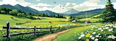 Design a 'Tourism Illustration' that brings to life an iconic American countryside during spring. It might reflect the rustic charm of regions like New England, drawing upon its British and Irish roots. The image should focus on a beautiful, sprawling meadow, awash with the fresh greenery of spring and a profusion of lilies of the valley and wild roses. These flowers should be illustrated with exquisite detail, their vibrancy standing out against the lush green backdrop. A stone wall or a charmi