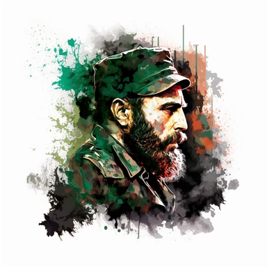 FIDEL CASTRO SEIZES POWER IN CUBA in 1958, in watercolor style clipart, darker tones, high contrast, white background