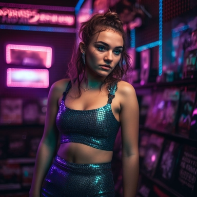 Full body Photograph of a young woman wearing a very tight short top and sparkly a line skirt, cute hair clips in her hair, neon retro club backdrop, Y2k 00s nostalgia, Multiverse, 32k, Super - Resolution, Megapixel, DOF, Depth of field, ProPhoto RGB, chiaroscuro, f1. 4, cinematic, award winning, daylight + professional lighting + film lighting + Canon medium format + 85mm + anamorphic + lightroom + cinematography + bokeh + lens flare + film grain + HDR10 + 8K, HD, negative space, daylight, focu