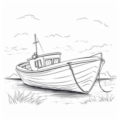 coloring page for kids of boat, white neutral background, clean line art, low details , 1,5px thick black lines, simple clipart, white background