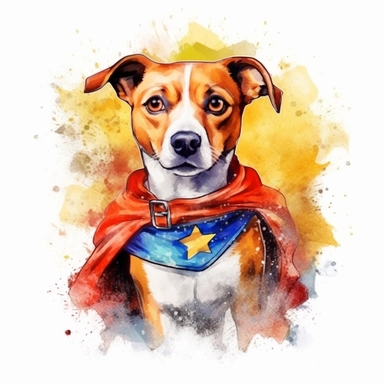 cute Dog character wearing superhero custom with happy face,front facing on isolated background,colorful color,with happy face and expression,Animal Sublimation Clipart,no splash watercolor,white background, ultra detailed clipart, cut out image, colorful watercolor realistic, cartoon style, ultra HD, sharp and clean art