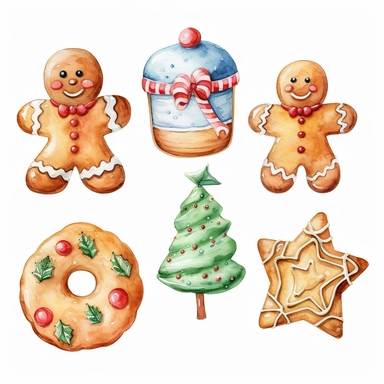 watercolor Christmas cute cookies. Clipart set of five elements. White background