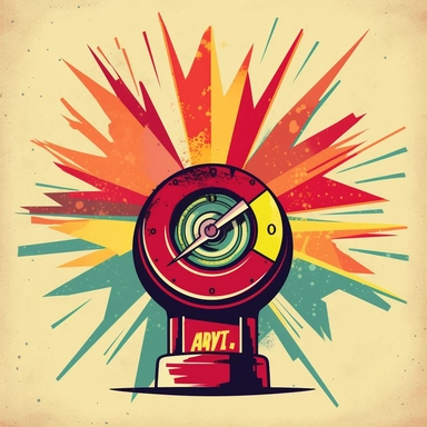 vintage cartoon clipart risk gauge meter with bright colors and an arrow pointing to high facing straight with an explosion behind it