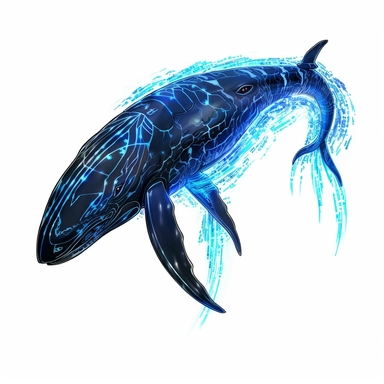 a glowing tribal blue whale with blue lights on his eyes, tribal animals, in the style of manhwa character design, master of shadows, burned/charred, himalayan art, dark black and light azure, 2d game art, quadratura, clipart, on white blackground