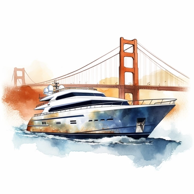Pershing yacht in front of Golden Gate Bridge, watercolor clipart, bright colors, minimalist, isolated white background, 8k