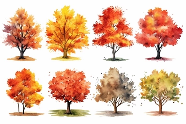 10 watercolour autumn maple trees clipart, romantic, hd, detailed, white background, spaced out, all images complete