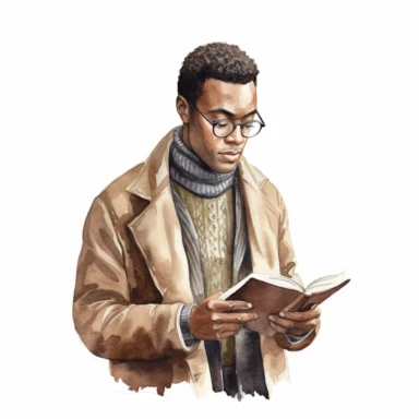 20 year old intelectual black man university student reading a book illustration, wearing glasses and tweed blazer and turtleneck, soft earthy tones watercolor clipart academia aesthetics, solid white background, high definition, 8k