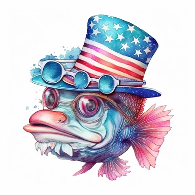 Fish wearing a hat 4th of july style, wearing sunglasses style by Lucy Fleming, watercolor, smooth gradients, black contour outline, ultra detailed, clipart elements, delicate pastel colors, solid white background, super clear, high quality