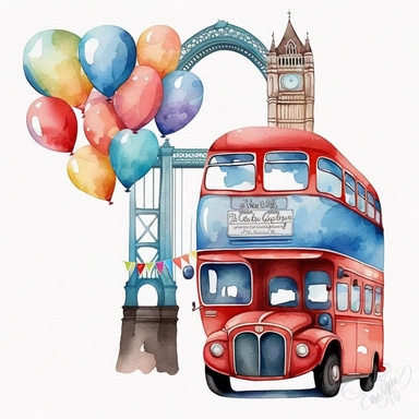 a pixar cartoon red double decker bus with rounded edges driving past perspective view of tower bridge red blue gold balloons an buntings Etsy watercolor clipart svg white background