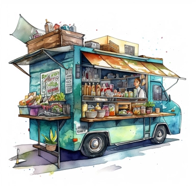 an illustration of watercolour food truck, clipart, spaced out, simon luttichuys, gerard sekoto, thick outlines, uhd image, isolated on a white background, hyper realistic, high detail