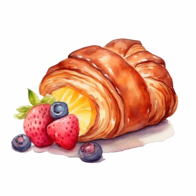 Danish pastry with fruit filling, watercolor illustration, clipart, sublimation, white background