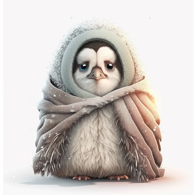 Cute christmas fluffy baby penguin with scarf in snow , white background, Clipart, children illustration