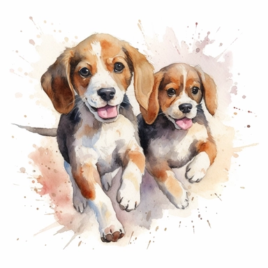 close up high detailed, Hand drawn watercolor clipart of happy Beagle Puppies playing, on a pure white background for background removal.