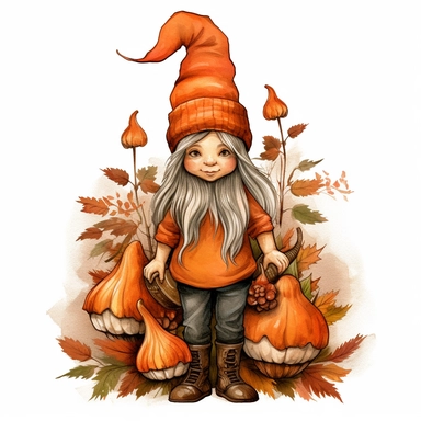 A delightful, hand-drawn clipart image of a friendly female gnome with no beard, dressed in a charming, orange ensemble, sporting a tall, orange pointy hat, and standing with a welcoming smile, pumpkins pinecones and fall leaves, presented on a transparen