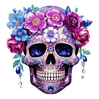 cute happy jewel encrusted skull with flowers in the style of Betsy Johnson on white background. Clipart