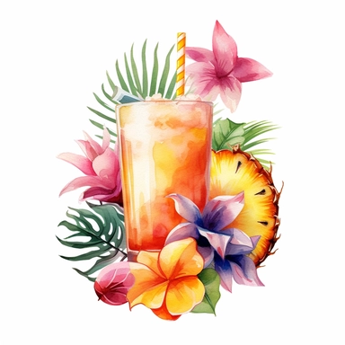 clipart, pinacolada cocktail, watercolor, white backround, bold outlines, hd, flowers