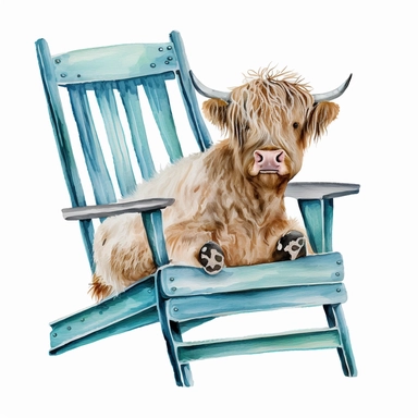 Highland Cow in a deck chair, Watercolor, Clipart, Farm Animal, clipart, white background